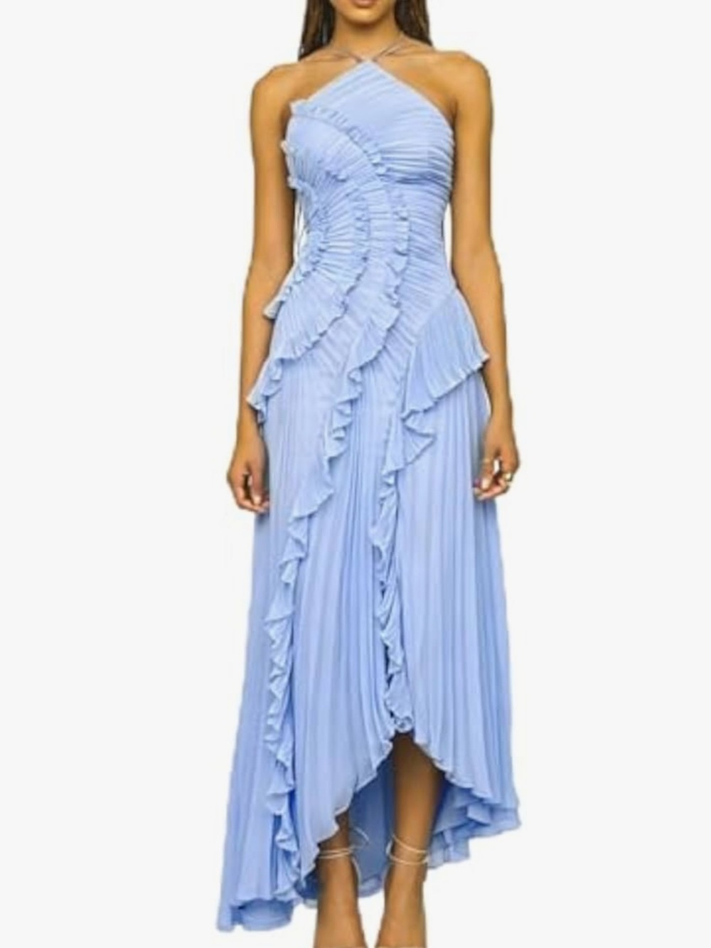 Pleated One-Shoulder Ruffle Maxi Dress - Light Blue